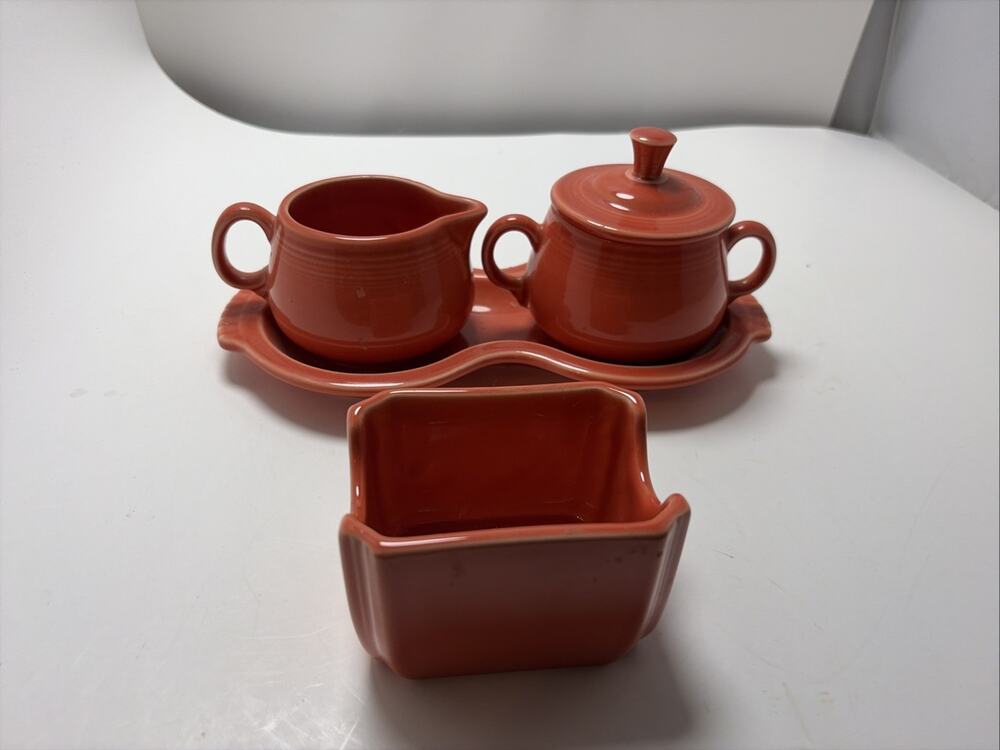 Fiesta Ware Creamer & Covered Sugar w/ 8 Tray & Sugar Packet in Persimmon 5-pcs